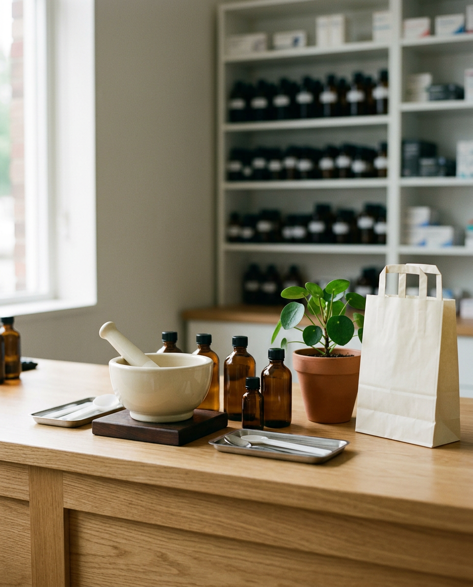 Pharmacy dispensary bench with a mortar and pestle and amber bottles